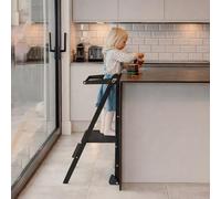 Height Adjustable Foldable Learning Tower for Children 1-6 Years, The Original Wooden Kitchen Helper Stool with Safety Bar & Locking Pins, Montessori Step Stool for Kitchen & Bathroom, Black