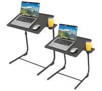 Height Adjustable Folding Laptop Tables - Black - 2x Small Foldable Collapsible Foldaway Home Office Computer Desk with Plastic Work Top and Metal Frame and Cupholder - by Harbour Housewares