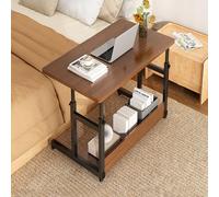 Height Adjustable Mobile End Table with Wheels 2-Tier Couch Side Table 50cm Wide Desktop for Laptop Snacks Books Metal Frame Walnut Finish (63-85cm)