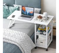 Height Adjustable Mobile Overbed Table Foldable Side Desk w/ Wheels & Shelves, White, 95 x 40cm
