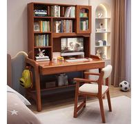 Height Adjustable Solid Wood Writing Desk with Bookshelf Space Saving Design Home Office Study Table 120x60x189cm (47x24x74) Brown Finish Ideal for School Use