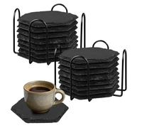 HEIHAK 16 PCS Hexagon Slate Coasters with Holder, 4 Inch Slate Placemats with Bottom Fixing Pads, Multipurpose Black Stone Coasters for Bar, Kitchen, Hotel, Restaurant(4-6mm Thickness)