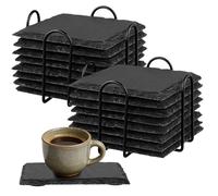 HEIHAK 16 PCS Slate Drink Coasters with Metal Holder, 4 Inch Square Slate Placemats with Bottom Fixing Pads, Multipurpose Black Stone Coasters for Bar, Kitchen, Hotel, Restaurant(4-6mm Thickness)