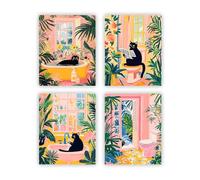heilkee Black Cat Bathroom Decor Beach Wall Art Funny Bathroom Pictures Pink Tropical Wall Prints Henri Matisse Poster Set of 4(UNFRAMED 8x10in)