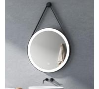 Heilmetz Bathroom Mirror with LED Lights, Black Stainless Steel Frame Bathroom Mirrors Wall Mounted, 60cm Round Mirror with Dimmable LED Light, Touch, PU Leather Strap