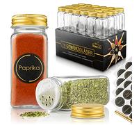 HEIMELIG Premium Spice Jars Set with Gold Lid and Shaker Insert, 48 x Labels Pre-Printed and for Labelling with Extra Gold Pen, 2 x Paper Funnels for Filling