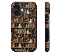heindiy Compatible with iPhone 16 Case,Wireless Charging Compatible,Patented 2-in-1 Dual-Layer Protection, Hot Transfer Print Hard Shell Cover - Spooky Ghosts On Bookshelf Halloween