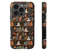 heindiy Compatible with iPhone 16 Pro Case,Wireless Charging Compatible,Patented 2-in-1 Dual-Layer Protection, Hot Transfer Print Hard Shell Cover - Spooky Ghosts On Bookshelf Halloween