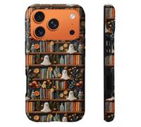 heindiy Compatible with iPhone 17 Pro Case,Wireless Charging Compatible,Patented 2-in-1 Dual-Layer Protection, Hot Transfer Print Hard Shell Cover - Spooky Ghosts On Bookshelf Halloween