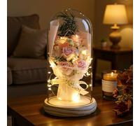 HEINexoria Birthday Gifts for Women - 7 Eternal Roses in Glass Dome with LED Lights | Luxury Artificial Flower Gift for Wife, Mum, Valentine's Day, Anniversary, Wedding, Home Decor, Real Wood Base