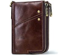 HEINSTON Chain Wallets - Genuine Leather Purse RFID Blocking Bifold Double Zipper 12 Card Slots, Coin Pocket, Soft Leather Wallets with Anti-Theft Chain for Men