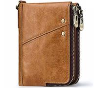 HEINSTON Chain Wallets - Genuine Leather Purse RFID Blocking Bifold Double Zipper 12 Card Slots, Coin Pocket, Soft Leather Wallets with Anti-Theft Chain for Men