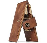 HEINSTON Leather Wallets for Women RFID Blocking Slim Bofild Purse Card Holder with Zipper Pocket Beige Brown, 1-brown-vegan, One Size