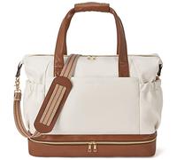 HEINSTON Weekender Bags for Women Leather Travel Duffle Bag Carry On Overnight Duffel with Shoe Compartment, Beige&Brown, D-beige+brown, One Size