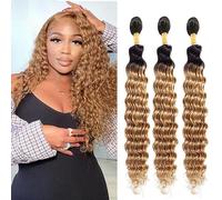 HeioWuio - Hair Extension - Human Hair - Curly - Honey Blonde - 26 inches - Sew on - 3 Bundles - Deep Wave - Ombre - 100g/bundle - 1B/27 Black to Honey Blonde