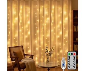 HeiPard Curtain Fairy Lights Warm White, 3m x 3m with 300 LEDs, Remote Control with 8 Modes and Adjustable Brightness, USB Window Curtain Lights Waterproof with Timer for Bedroom Garden Party Wedding