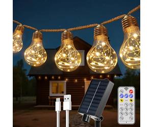 HeiPard Outdoor Solar Festoon Lights 7.5m, 16+1 A60 Bulbs, Vintage LED String with USB-C, 8 Modes with Remote, IP45 Waterproof, Warm White, Decoration for Garden, Balcony, Pergola and Party