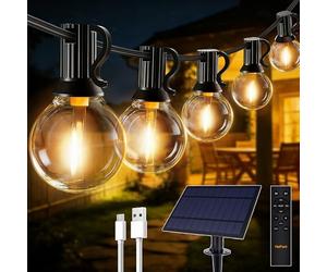 HeiPard Solar Lights Outdoor Garden, 32.8Ft/10m 16+1 LED Festoon Lights | Remote, USB & Solar Powered Waterproof Shatterproof G40 Bulbs 3 Modes Dimmable for Outside Gazebo Pergola Patio Porch Party