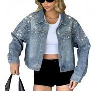 heipeiwa Women’s Denim Jacket Rhinestone Crop Button Down Boyfriend Jean Jacket Sparkle Shiny Glitter Coat, Light Blue, XL