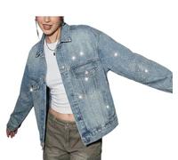 heipeiwa Women’s Denim Jacket Rhinestone Crop Button Down Boyfriend Jean Jacket Sparkle Shiny Glitter Coat, Moreblue, L