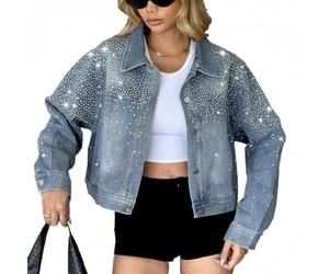 heipeiwa Women’s Denim Jacket Rhinestone Crop Button Down Boyfriend Jean Jacket Sparkle Shiny Glitter Coat, Light Blue, XL