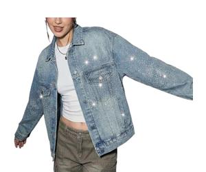 heipeiwa Women’s Denim Jacket Rhinestone Crop Button Down Boyfriend Jean Jacket Sparkle Shiny Glitter Coat, Moreblue, L