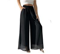 heipeiwa Women's Chiffon Dress Beach Wide Leg Palazzo Pants Elastic Waist Trouser, Chiffon Black, XL