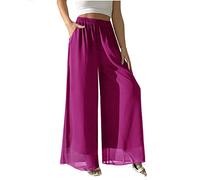 heipeiwa Women's Chiffon Dress Beach Wide Leg Palazzo Pants Elastic Waist Trouser, Chiffon Darkpink, S Shorts