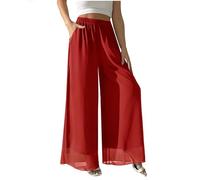 heipeiwa Women's Chiffon Dress Beach Wide Leg Palazzo Pants Elastic Waist Trouser, Chiffon Red, Large