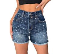 heipeiwa Women's Rhinestone Jean Shorts High Waisted Denim Shorts Sparkle Shiny Sequin Glitter Party Y2K Outfits, Blue Distress, XXL