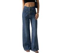 heipeiwa Women's Rhinestone Jeans Wide Leg Flare Denim Pants High Waist Sparkle Shiny Sequin Glitter Trouser, Blue, XL