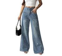 heipeiwa Women's Rhinestone Jeans Wide Leg Flare Denim Pants High Waist Sparkle Shiny Sequin Glitter Trouser, Striped Blue, XXL