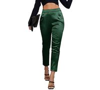 heipeiwa Women's Satin Pants Dress Casual Pleated Pull on High Waist Pants with Pockets, Drape Green01, M