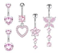 HeiPen 5Pcs Stainless Steel Belly Button Bars, Belly Button Piercing Rings Kit, Hypoallergenic 14 Gauge 10mm Barbell Jewllery (Pink-Set A)