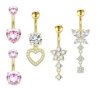 HeiPen 5Pcs Stainless Steel Belly Button Bars, Belly Button Piercing Rings Kit, Hypoallergenic 14 Gauge 10mm Barbell Jewllery (Golden-Set A)