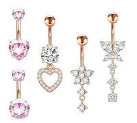 HeiPen 5Pcs Stainless Steel Belly Button Bars, Belly Button Piercing Rings Kit, Hypoallergenic 14 Gauge 10mm Barbell Jewllery (Rose Gold-Set A)