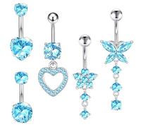 HeiPen 5Pcs Stainless Steel Belly Button Bars, Belly Button Piercing Rings Kit, Hypoallergenic 14 Gauge 10mm Barbell Jewllery (Blue-Set A)