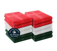 HEIRLOOM COMFORT 12 Pack Multi Color Waffle Weave Kitchen Towels, 40x66 cm, 100% Cotton, Super Absorbent, Quick Dry, Hand Towels for Drying Dishes, Cleaning, Durable - Red, White, Forest Green