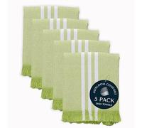 HEIRLOOM COMFORT 5 Pack Monochrome Stripe Kitchen Towels, Fringed Edges, 40x66 cm, 100% Cotton, Lint-Free, Absorbent & Washable Dish Towels for Drying Dishes, Everyday Kitchen Use, Lemon Green