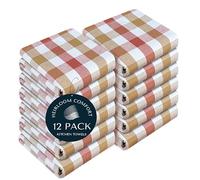 HEIRLOOM COMFORT Gingham Check Kitchen Towels 12 Pack, 45x66 cm, 100% Cotton, Super Absorbent & Quick Dry, Durable Dish Towel for Drying Dishes, Machine Washable, Everyday Use - Rust, Khaki, Natural