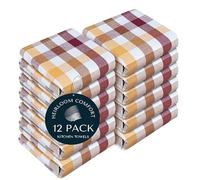 HEIRLOOM COMFORT Gingham Check Kitchen Towels 12 Pack, 45x66 cm, 100% Cotton, Super Absorbent & Quick Dry, Dish Towel for Drying Dishes, Washable, Everyday Use - Burgundy, Brown, Mustard Yellow