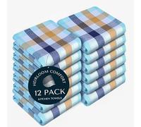 HEIRLOOM COMFORT Gingham Check Kitchen Towels 12 Pack, 45x66 cm, 100% Cotton, Super Absorbent & Quick Dry, Washable Dish Towel for Drying Dishes- Indigo Blue, Mustard Yellow, Aqua Blue, White