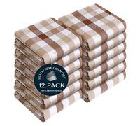 HEIRLOOM COMFORT Gingham Check Kitchen Towels 12 Pack, 45x66 cm, 100% Cotton, Super Absorbent & Quick Dry, Durable Dish Towel for Drying Dishes, Machine Washable, Everyday Use - Brown, Beige, White