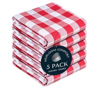 HEIRLOOM COMFORT Gingham Check Kitchen Towels 5 Pack, 45x66 cm, 100% Cotton, Super Absorbent & Quick Dry, Durable Dish Towel for Drying Dishes, Machine Washable, Everyday Use - Red, White