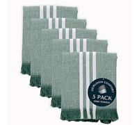 HEIRLOOM COMFORT Monochrome Stripe Kitchen Towels 5 Pack, 40x66 cm, 100% Cotton, Super Absorbent & Quick Dry, Durable, Fringed Dish Towel for Drying Dishes, Washable, Everyday Use, Forest Green