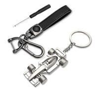 HEITAOZHUANYING 2 Pack Genuine Leather Car Keychain, Silver Racing Car Keyring Suit, 360 Degree Rotatable, With Anti-Lost D-Ring With, F1 Keyring, 3D Solid Car Key Ring.