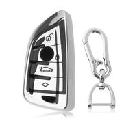 HEITAOZHUANYING Car Key Cover, 4 Button Car Tpu Key Cover Shell Case Protector,Key Cover With Silicone, With Metal Keychain, Compatible With 5/7 Series (Silver)