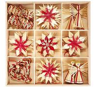 HEITMANN DECO Straw Christmas Tree Decorations - Straw Tree Decorations with Red Accents - 25-Piece Set - Christmas Tree Pendant Made of Natural Material