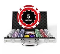 HEITOK Poker Chips Set with Denominations, 300pcs Professional 11.5g Numbered Chips with Aluminum Case Includes 5 Dice & 2 Decks of Pokers for Texas Hold'em