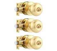 Heittis 3 Pack Gold Ball Door Knob, Satin Brass Round Front Door Handle Gold Entry Door Lock for Right or Left Handed Doors